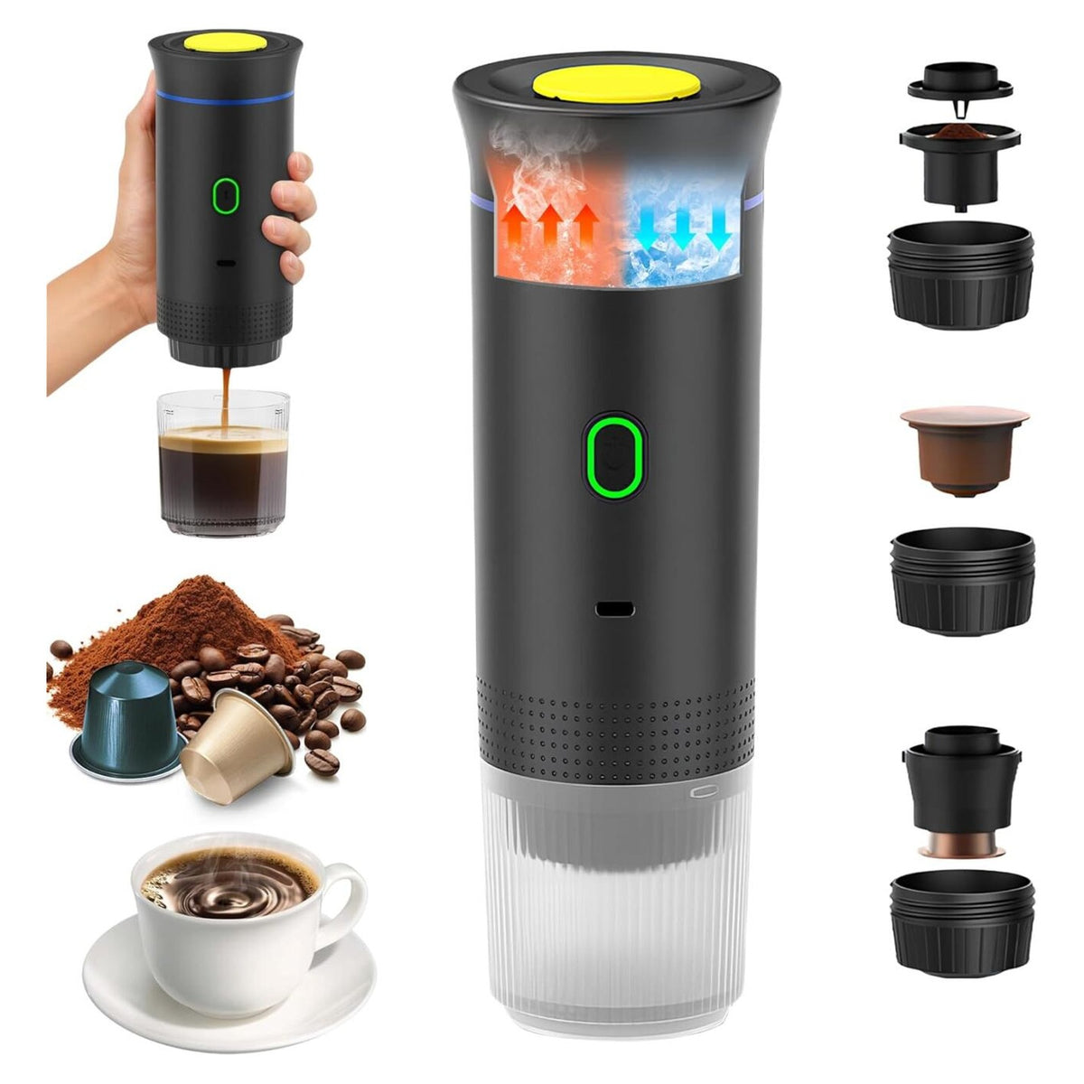 Cafetera portátil 3 en 1 Cafelante con sus adaptadores para cápsulas y café molido