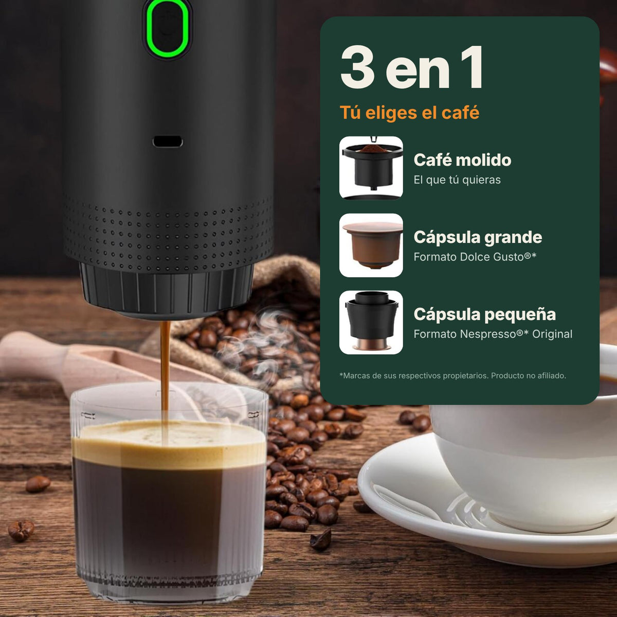 Cafetera 3 en 1: café molido, cápsula grande y cápsula pequeña
