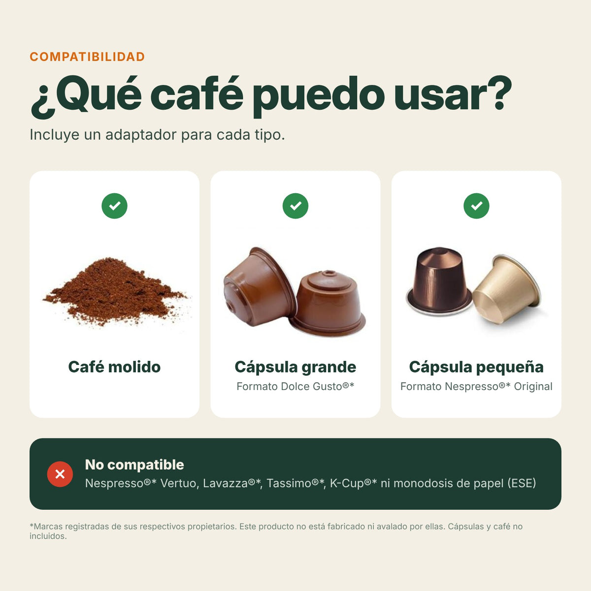 Compatibilidad: café molido, cápsulas formato Dolce Gusto y Nespresso Original
