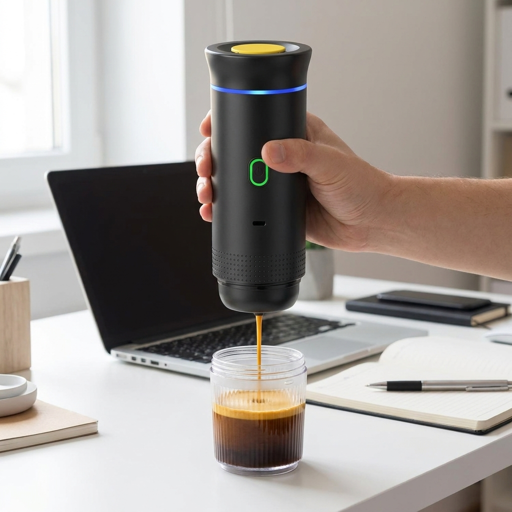 Cafetera portátil Cafelante sirviendo un espresso en su vaso sobre un escritorio