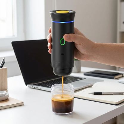 Cafetera portátil Cafelante sirviendo un espresso en su vaso sobre un escritorio